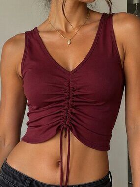 CANOAN Burgundy Ruched Drawstring Crop Top